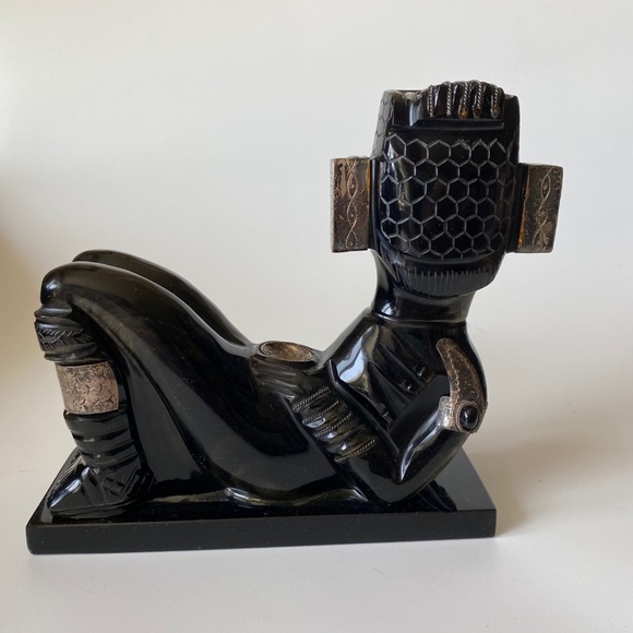 CHACMOOL Mesoamerican Obsidian Sculpture Gold Sheen and Applied Silver Detail - Picture 4 of 10